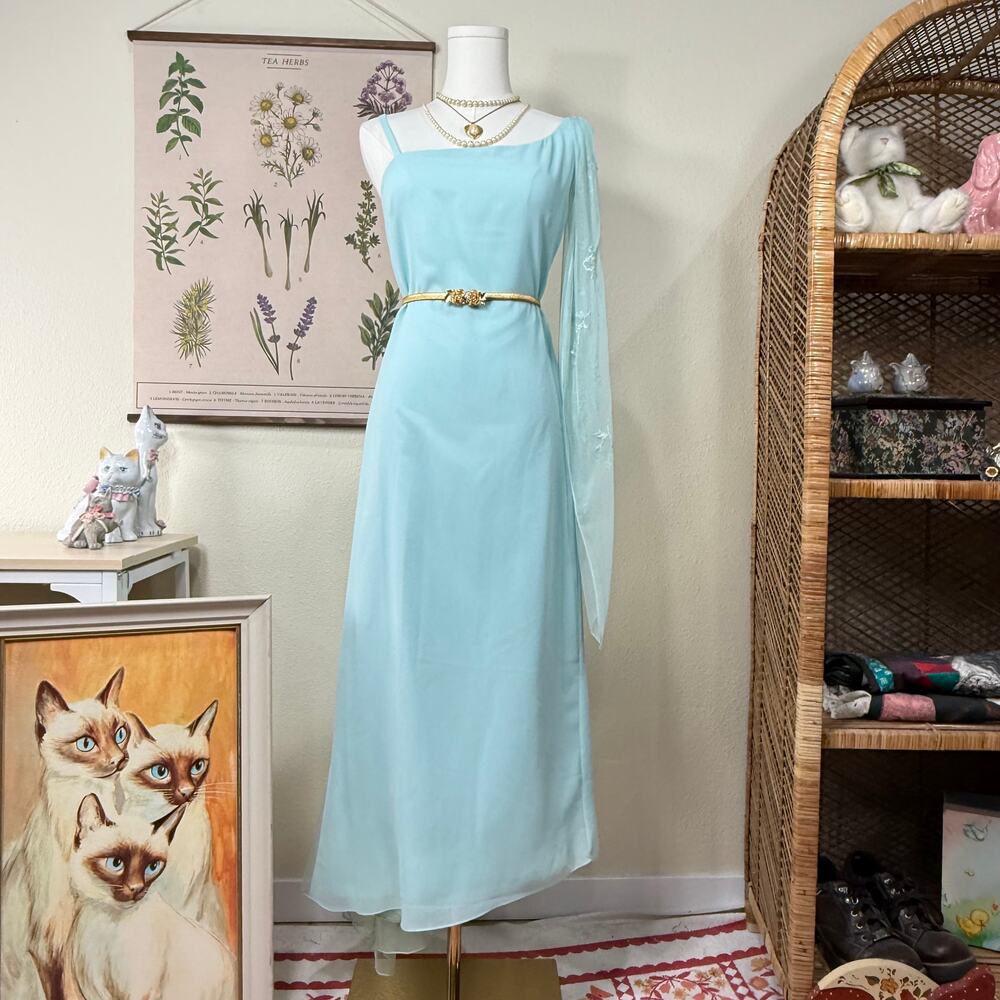 90s Y2k Blue Embroidered Floral Scarf Formal Party Dress Fairy Ethereal Whimsy 6